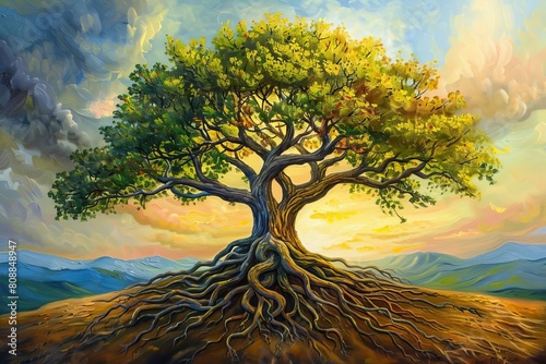 Tree of life with deep roots and spreading branches, representing growth and connection, Promote sustainability, community, and interconnectedness photo
