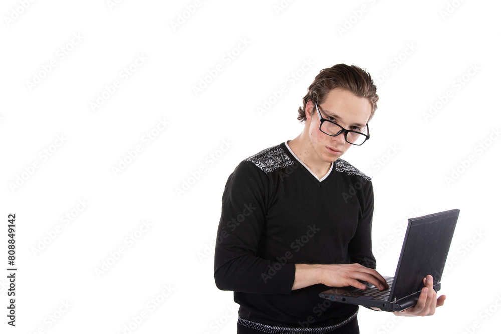 Young attractive student posing on a white background. Work and study. Young attractive student posing on a white background. Work and study.
