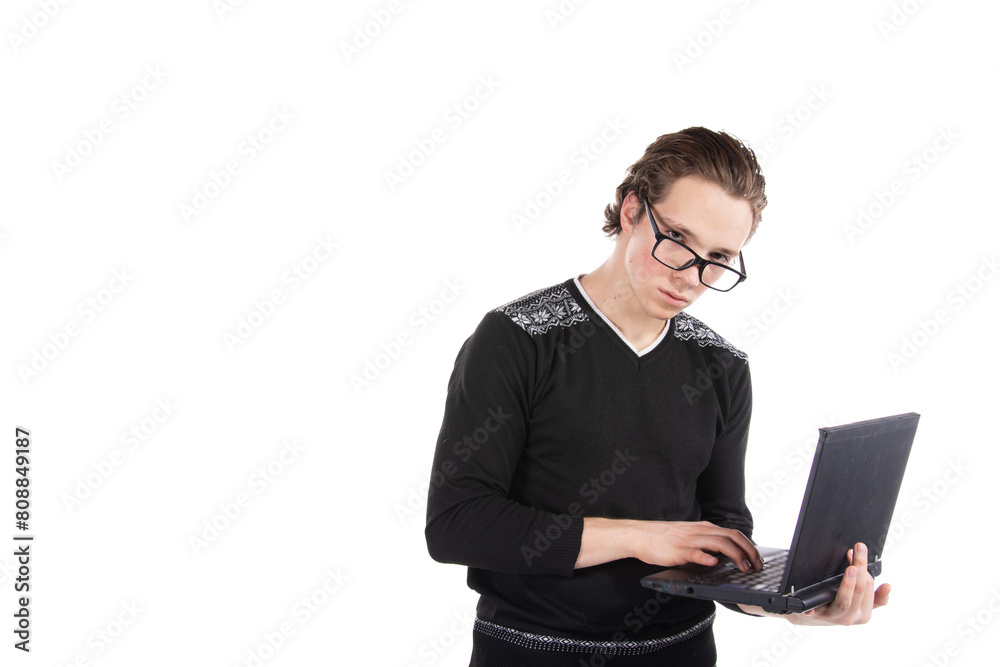 Young attractive student posing on a white background. Work and study. Young attractive student posing on a white background. Work and study.