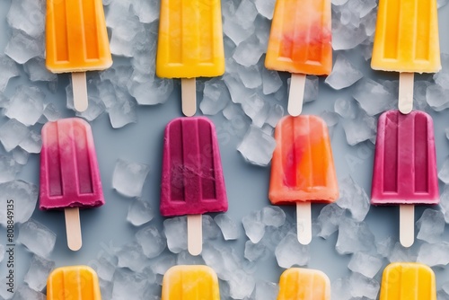 Colorful summer popsicles on ice cubes. Seamless texture. AI generated