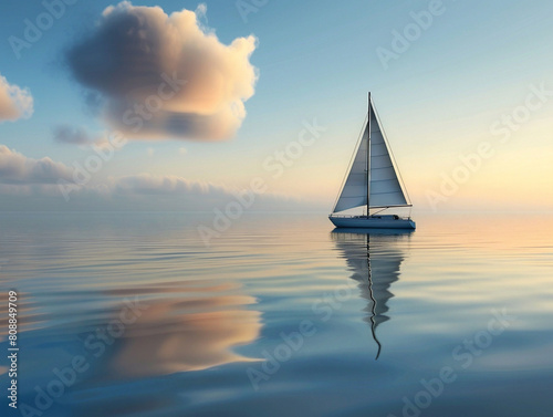 A serene sailboat gracefully navigating through peaceful waters under a clear blue sky.