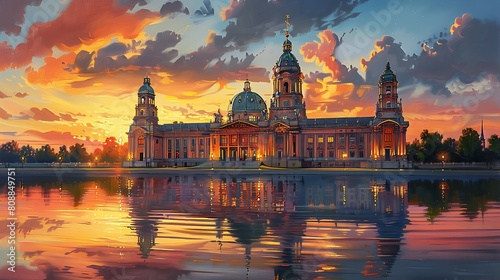 Oil painting on canvas, New Palace (Neues Palais) facade in Potsdam at sunset. Germany photo