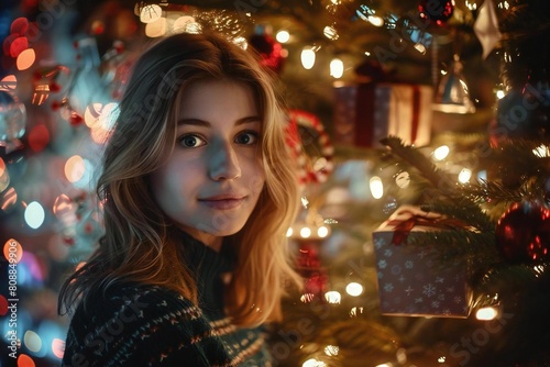 Young Caucasian woman surrounded by a glowing Christmas tree, gifts, and festive decorations