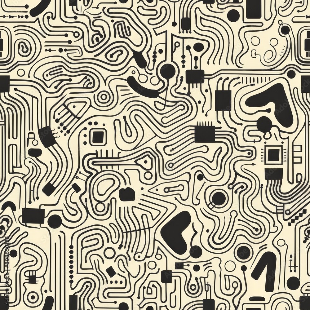 Intricate Black and White Circuit Board Pattern Design