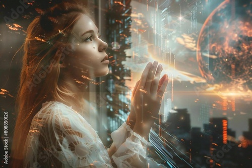 Young Caucasian Woman's Artistic Vision of AI in a Dreamlike World