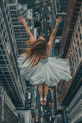 Capture the elegance of ballet dancers in mid-air pirouettes against a vibrant cityscape using dynamic drone angles and precise choreography Emphasize fluid movements and surreal perspectives photo