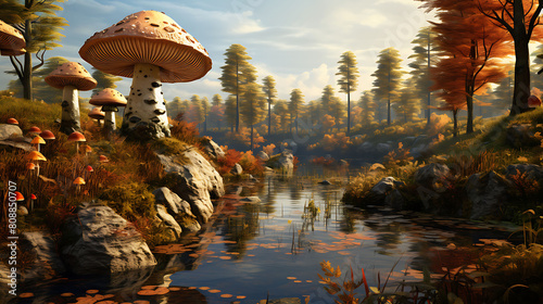 Agaricus mushrooms on the banks of a serene river that reflects the colors of the autumn trees lining its shores. photo