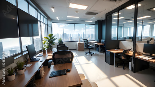 Modern office interior with ergonomic furniture and panoramic windows offering a stunning city skyline view © samsul