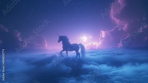 Bring to life a graceful unicorn prancing under the shimmering moonlight in a surreal, dreamlike landscape, blending reality with fantasy seamlessly © Naret
