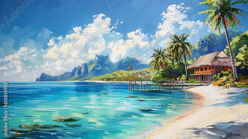 Oil painting on canvas, View of Maldiv beach resort, panoramic landscaps photo