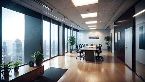 Stylish and spacious boardroom featuring large windows with a view of the city  complete with a chic conference table and cozy office chairs
