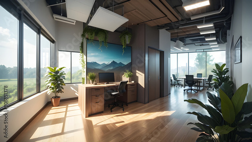 Modern office interior with expansive windows offering views of a beautiful mountain backdrop, adorned with chic workstations and lush foliage © Samsul Alam