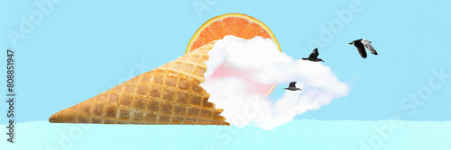 Banner. Contemporary art collage. Waffle cone with clouds and orange slice and flying seagulls against blue backdrop. Concept of summertime, holidays, vacation, party, fashion and style. Ad © Lustre