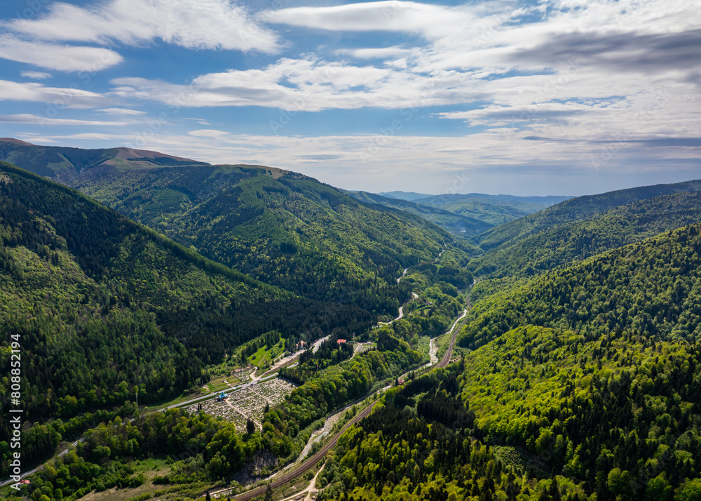 Romania DN1 (National Road 1). Aerial photo with this crowded road from Prahova Valley (Valea Prahovei in Romanian) connection the mountain side resorts with Transylvania and Bucharest.