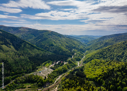 Romania DN1 (National Road 1). Aerial photo with this crowded road from Prahova Valley (Valea Prahovei in Romanian) connection the mountain side resorts with Transylvania and Bucharest.