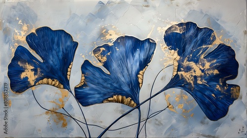 Stylish art: Three ginkgo leaves with gold foil, deep blue style, hand-drawn details.