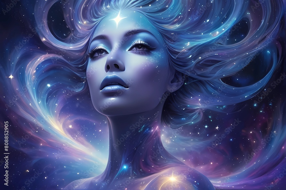 宇宙のエレメントパワーを纏う銀河の女王イメージ概念 宇宙のエレメントパワーを纏う銀河の女王イメージ概念