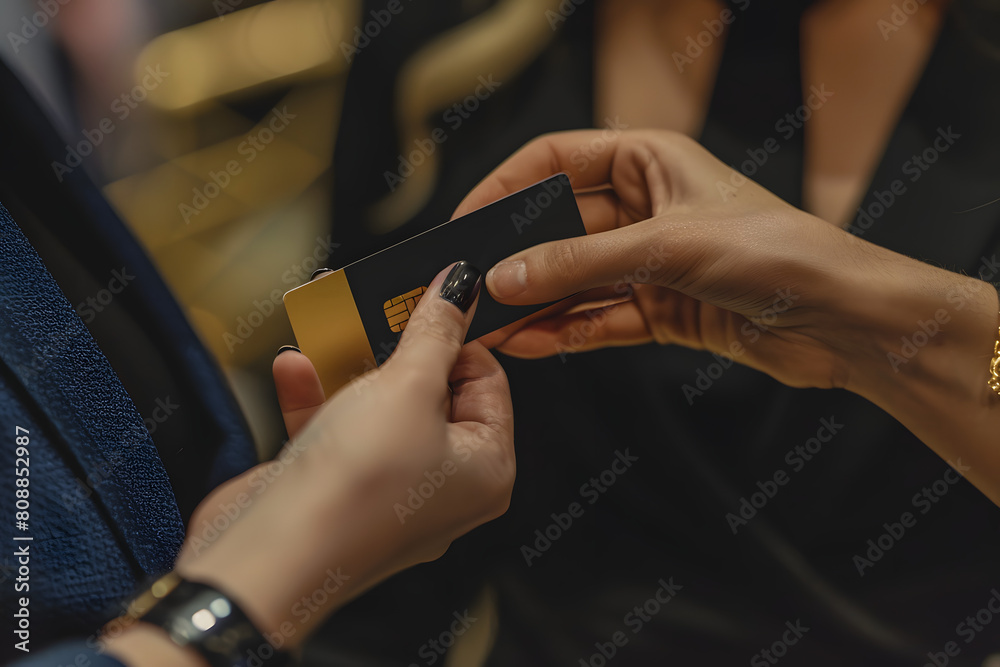 Obraz premium a upclose businesswoman handing a another woman, a black card with a gold