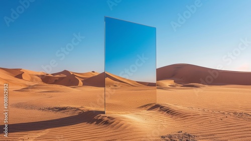 A large mirror is placed in the middle of a desert photo