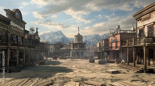 Western City Scene: 3D Environment Featuring Saloon, Buildings on Either Side