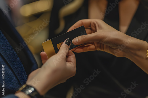 a upclose businesswoman handing a another woman  a black card with a gold
