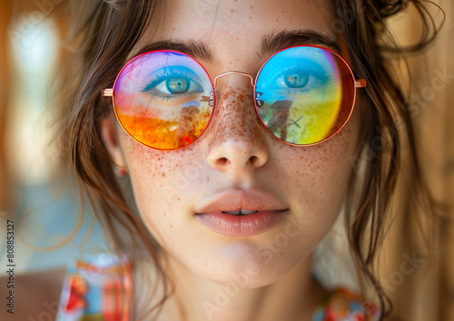 Young woman wearing a rainbow sunglasses.