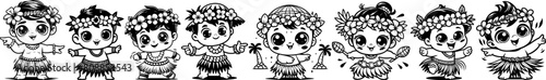 little kids in hawaiian costumes dance hula dance, black colorless vector decoration illustration