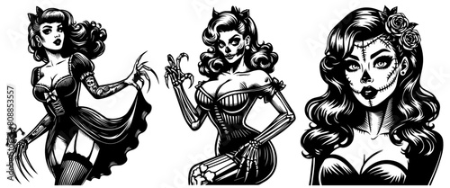 spooky seductress halloween zombie pin-up girl in haunting retro style, pinup woman character design, black vector photo