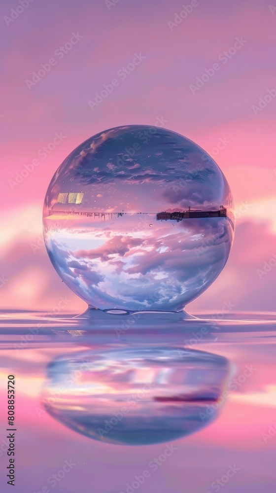 A large glass sphere is floating on the water, reflecting the sky and the clouds A large glass sphere is floating on the water, reflecting the sky and the clouds