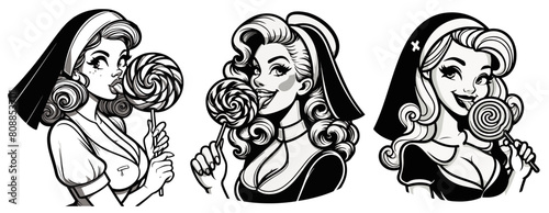 sweet playful pin-up nun with lollipop, quirky character design in monochrome style, black vector illustration pinup girl