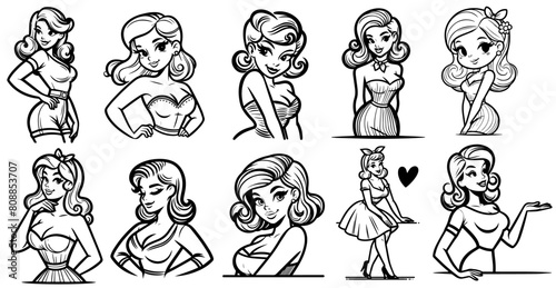 elegant retro pinup, classic black silhouette with playful charm, comic character girl pin-up style, black vector photo