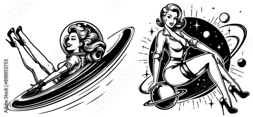 charming retro pin-up woman, in space playful and alluring pose in fashion silhouette, amazing pinup girl, black vector