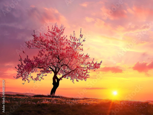 Luminous sky with vibrant colors illuminating peaceful spring scenery  casting a warm glow over nature.