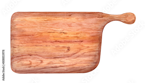 Wooden cutting board with smooth edges. Old handmade light brown food utensil. Horizontal surface. Chopping board with wood texture and handle. Top view. Watercolor illustration. Copy space for text.