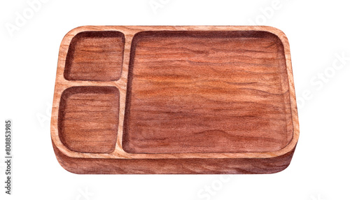 Wood tray for carrying food and serving. Brown texture. Natural board with grids. Perspective, isometry view. Divider platter for fruit or snack. Watercolor illustration for cooking design, decor photo