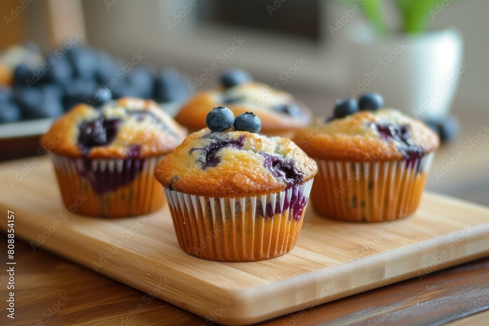 Delicious homemade blueberry muffins adorned with berries on a bamboo cutting board Delicious homemade blueberry muffins adorned with berries on a bamboo cutting board