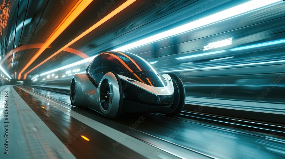 Electric vehicle driving through tunnel with glowing motion blur lights