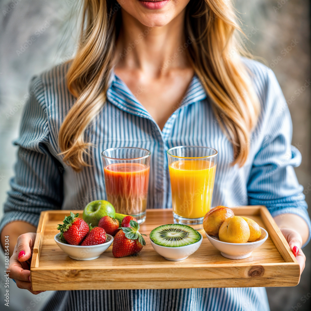 woman tray with fruit and juice woman tray with fruit and juice