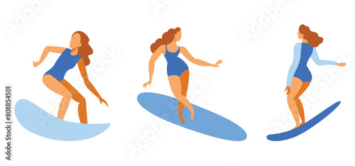 Photography Vector illustration in flat style, summer horizontal banner with copy space for text, girl surfing on the wave on the ocean