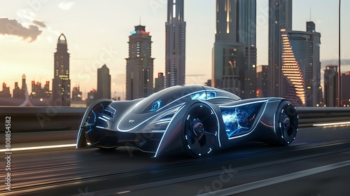 Glowing Blue Lines  Futuristic Electric Hypercar on Urban Track  City Skyline Perspective