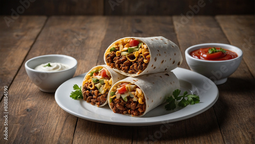 Image of a plate of burritos placed on a white plate on a wooden table 36