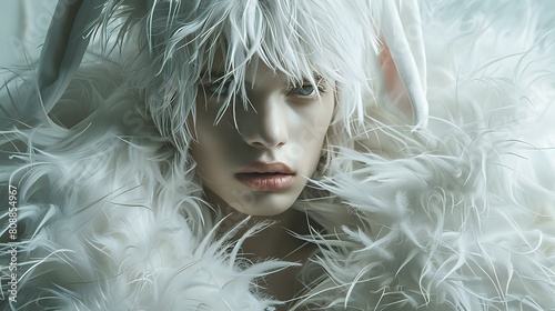 High Fashion Easter Editorial: American Male Model in Bunny Attire, White Hair Portrait photo