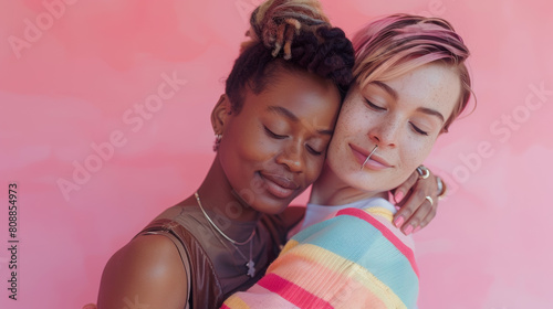 Gay, beauty and lgbtq people hug isolated on studio pink background in glow, pastel and creative art aesthetic. Fashion, diversity and love, queer transgender couple of friends in makeup or cosmetics 