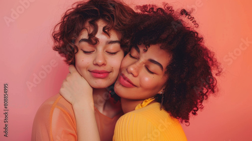Gay, beauty and lgbtq people hug isolated on studio pink background in glow, pastel and creative art aesthetic. Fashion, diversity and love, queer transgender couple of friends in makeup or cosmetics 