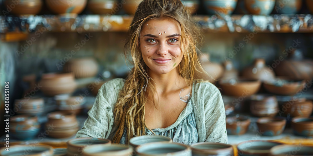 Fototapeta premium Creative Hands: The Art of Pottery Making by a Young Artisan