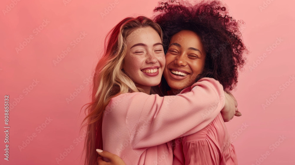 Gay, beauty and lgbtq people hug isolated on studio pink background in glow, pastel and creative art aesthetic. Fashion, diversity and love, queer transgender couple of friends in makeup or cosmetics Gay, beauty and lgbtq people hug isolated on studio pink background in glow, pastel and creative art aesthetic. Fashion, diversity and love, queer transgender couple of friends in makeup or cosmetics