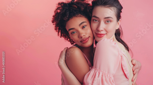 Gay, beauty and lgbtq people hug isolated on studio pink background in glow, pastel and creative art aesthetic. Fashion, diversity and love, queer transgender couple of friends in makeup or cosmetics 