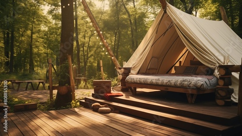 cozy glamping tent with bed placed near wooden floor in green forest on sunny summer day. photo