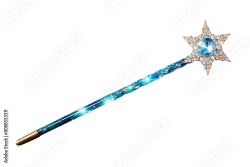 The magic wand is decorated with diamonds and gems. It has a blue handle and a star-shaped head.