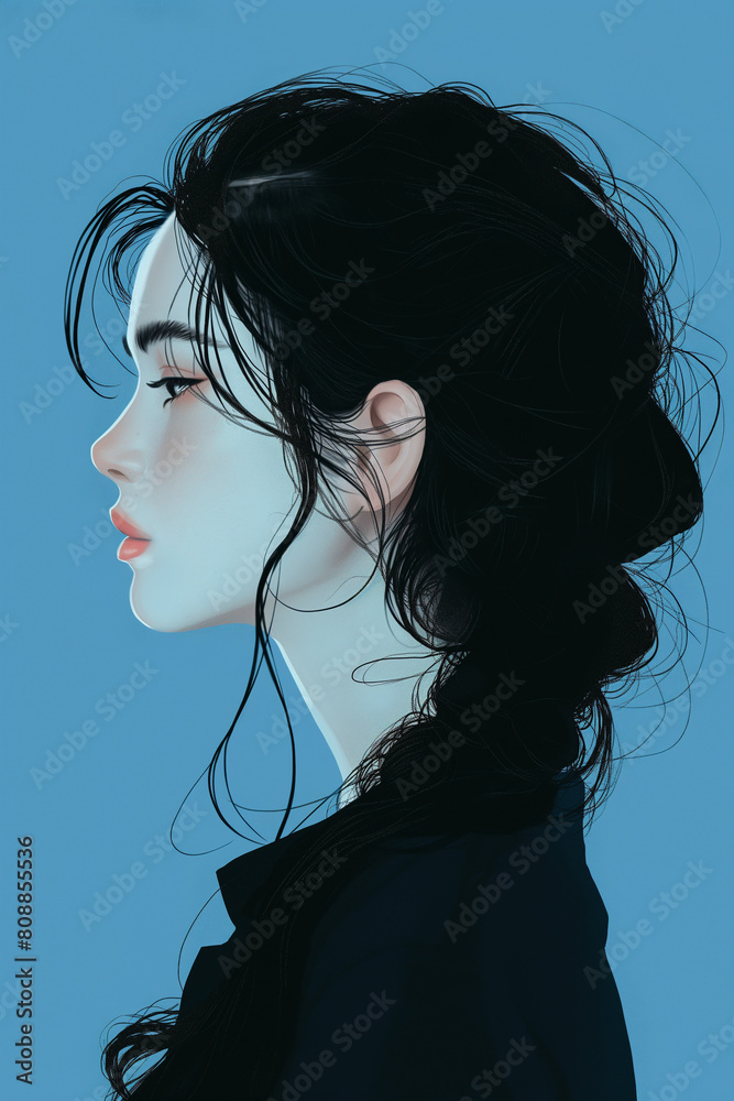 Naklejka premium Beautiful, minimalist black-haired girl